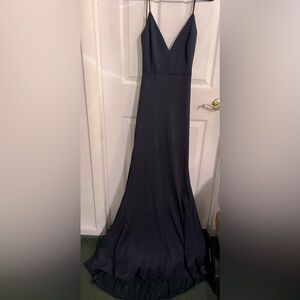 Navy blue woman’s v-neck thin strap low back navy blue gown